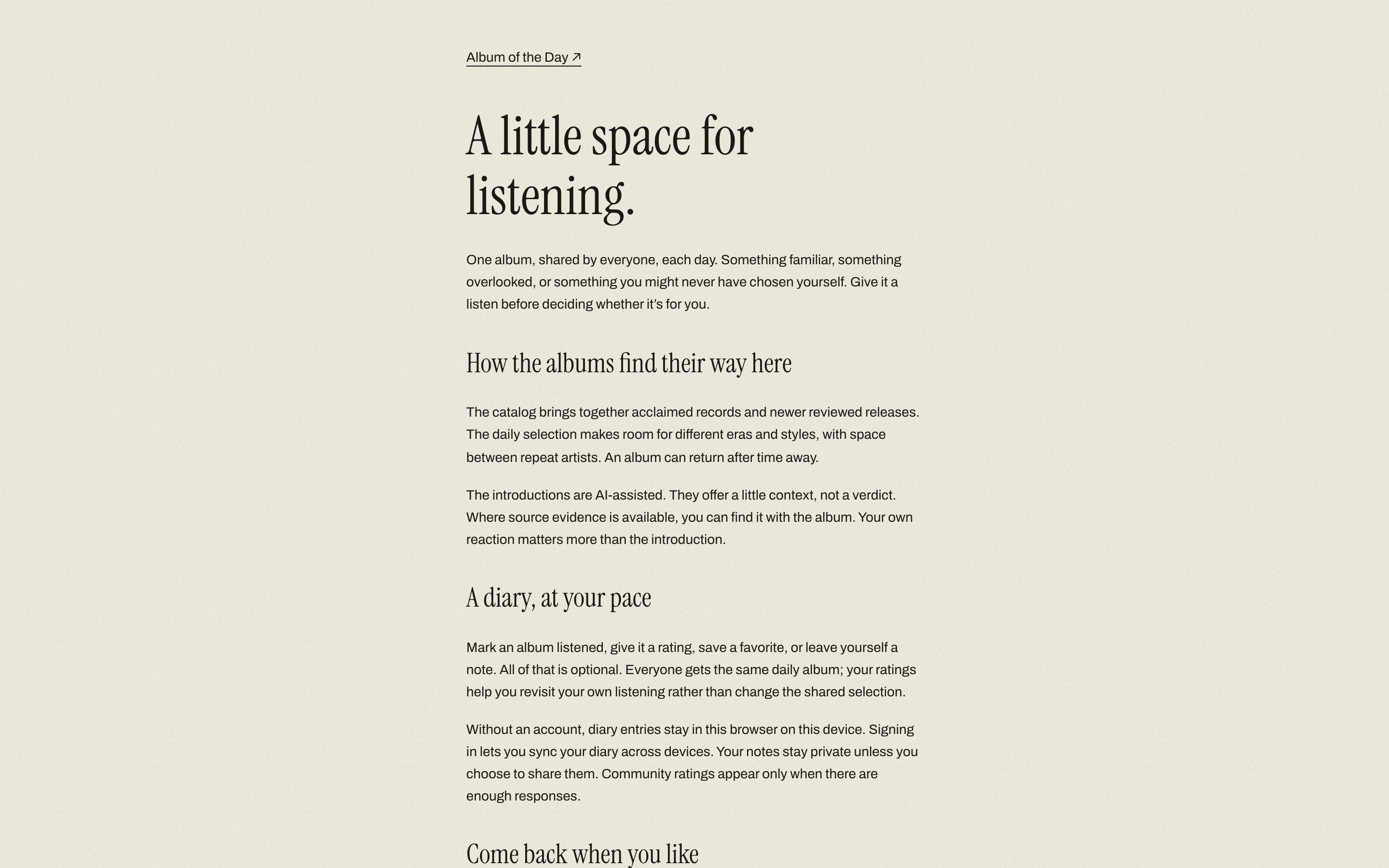 The Album of the Day about page, set in large serif type on a warm background.