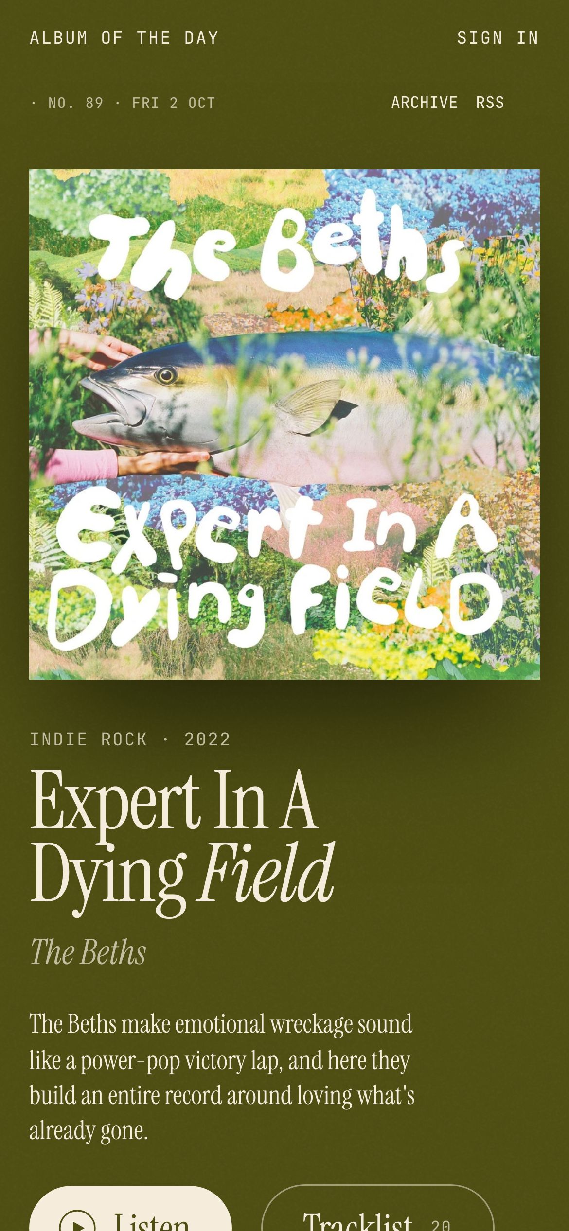 An Album of the Day issue on a phone, the album cover above its title and a short introduction.
