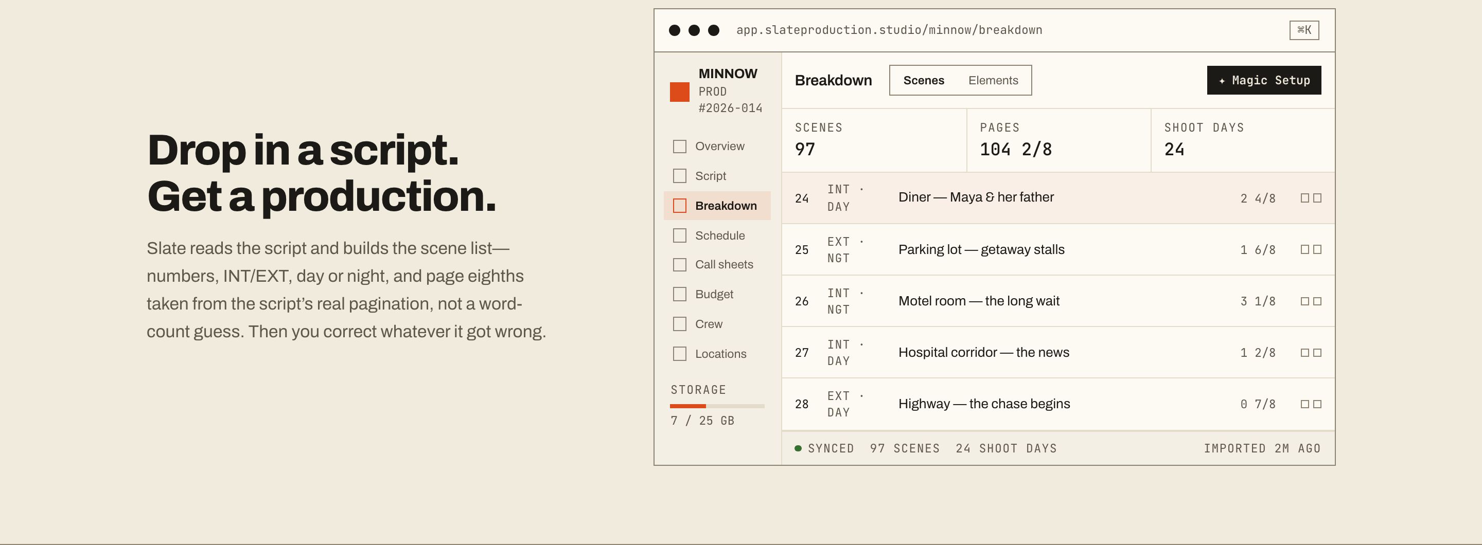 Slate's breakdown: a script turned into a list of numbered scenes, each with interior or exterior, day or night, and its length in page eighths.