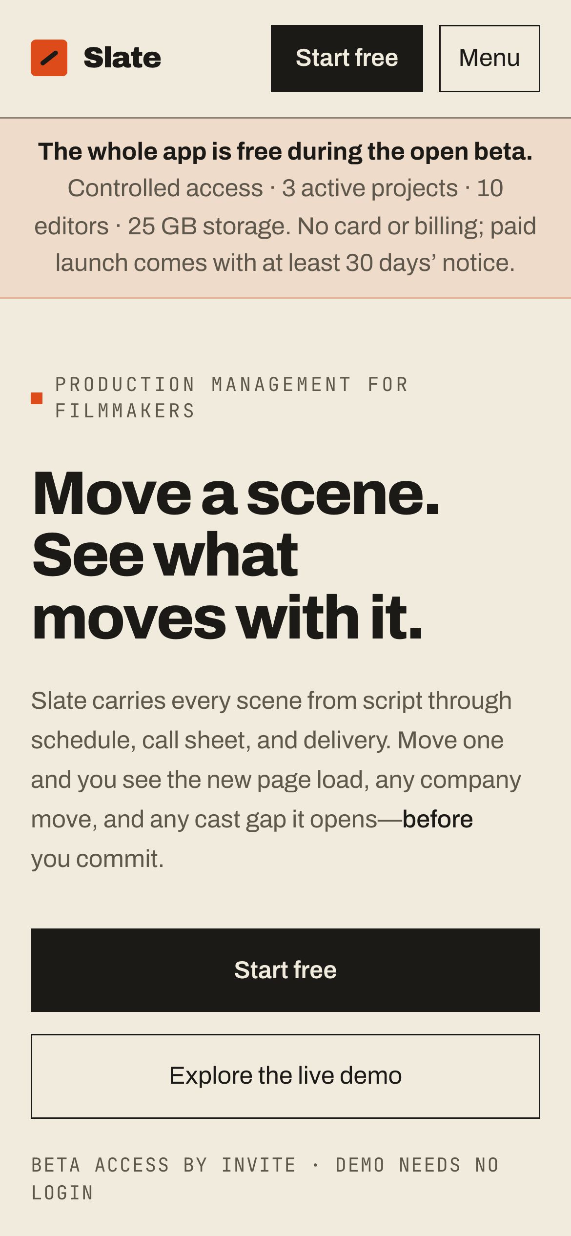 The Slate homepage on a phone, with the headline “Move a scene. See what moves with it.”